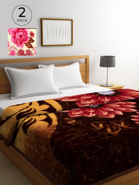 

KLOTTHE Pink & Brown Set of 2 Floral Heavy Winter Double Bed Blankets