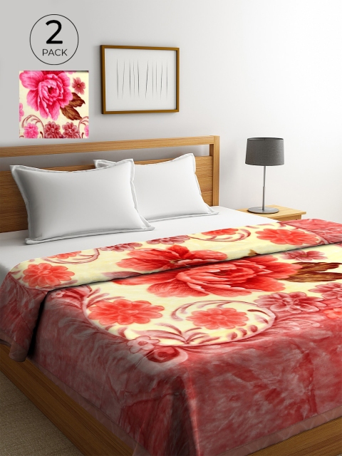 

KLOTTHE Red & Beige Set Of 2 Floral Wool Heavy Winter 800 GSM Double Bed Blanket