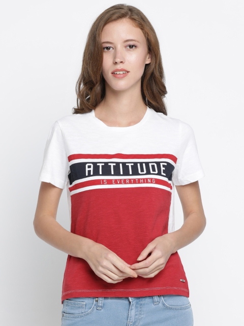 

Pepe Jeans Women White & Red Colourblocked Pure Cotton T-shirt