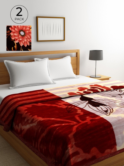 

KLOTTHE Red & Brown Set of 2 Floral Heavy Winter Double Bed Blanket