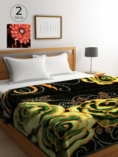 

KLOTTHE Green & Brown Set of 2 Floral Heavy Winter Double Bed Blanket