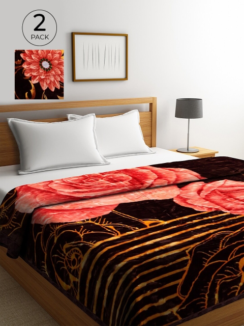 

KLOTTHE Brown & Pink Set of 2 Floral Heavy Winter 800 GSM Woolen Double Bed Blanket