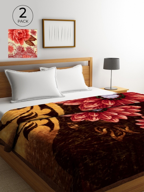 

KLOTTHE Brown & Green Set of 2 Floral Heavy Winter Double Bed Blanket
