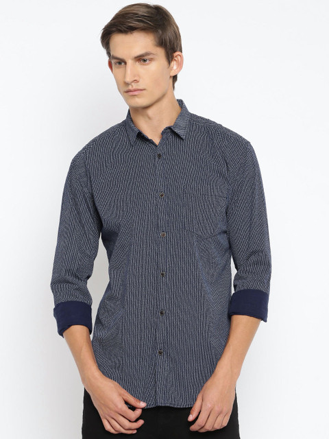 

British Club Men Navy Blue Printed Casual Shirt