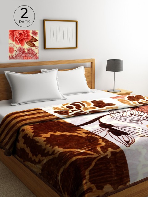 

KLOTTHE Brown & White Set Of 2 Floral Wool Heavy Winter 800 GSM Double Bed Blanket