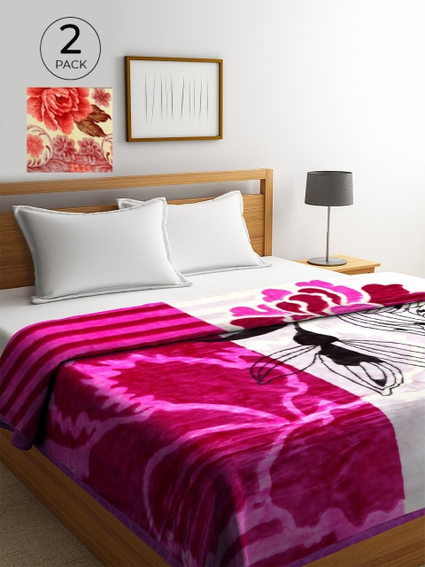 

KLOTTHE Pack of 2 Pink & Off White 800 GSM Floral Heavy Winter Double Bed Blankets