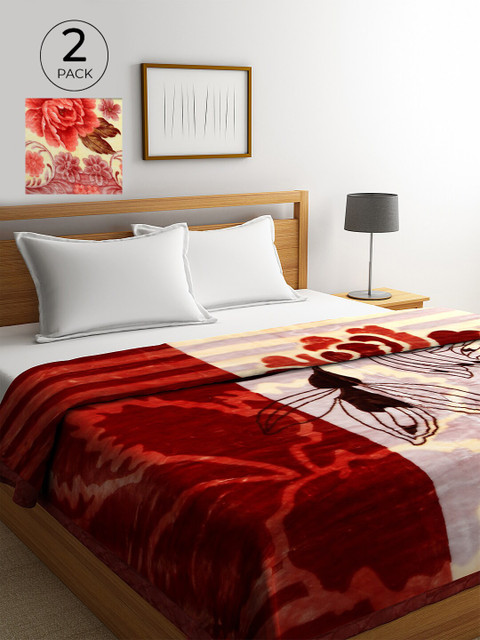 

KLOTTHE Red & Maroon Set of 2 Floral Heavy Winter Double Bed Blanket