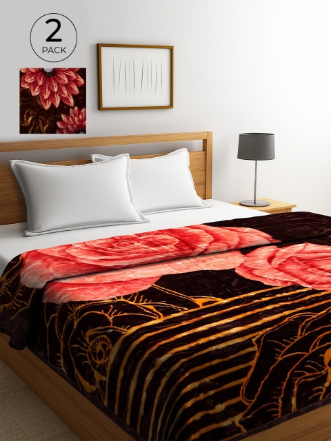 

KLOTTHE Pack of 2 Brown & Red Floral 800 GSM Heavy Winter Double Bed Blankets