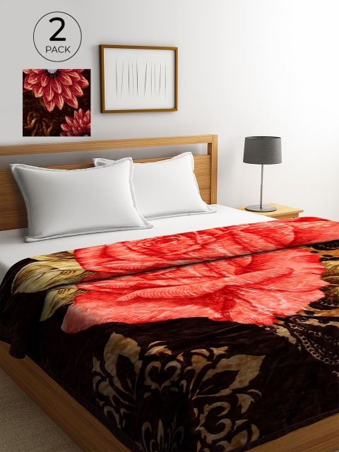 

KLOTTHE Brown & Mustard Set of 2 Floral Heavy Winter Double Bed Blanket