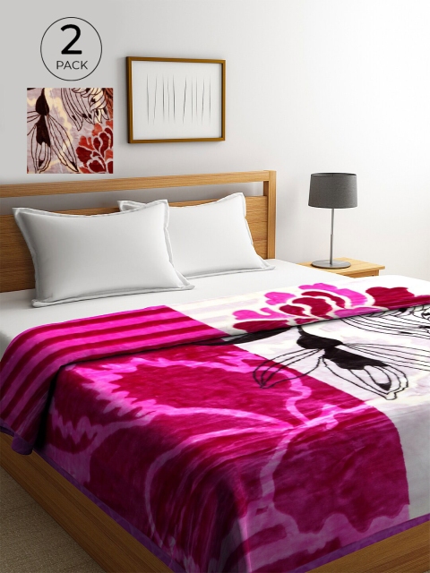 

KLOTTHE Pink & White Set of 2 Floral Heavy Winter Double Bed Blanket