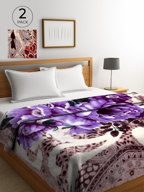 

KLOTTHE Violet & Brown Set of 2 Floral Heavy Winter 800 GSM Woolen Double Bed Blanket