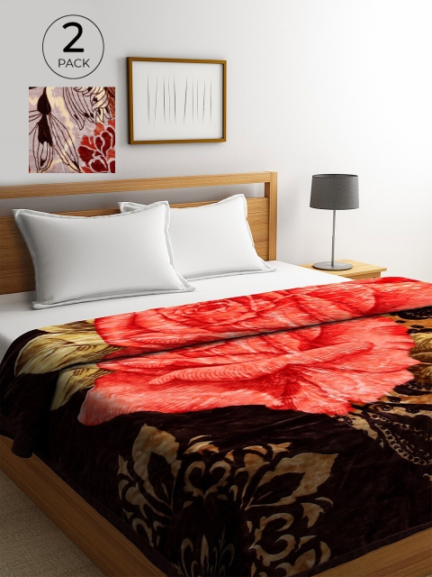 

KLOTTHE Green & Red Set of 2 Floral Heavy Winter Double Bed Blanket