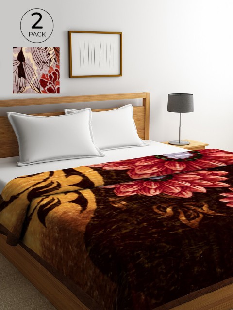 

KLOTTHE Brown & Red Set of 2 Floral Heavy Winter Double Bed Blankets
