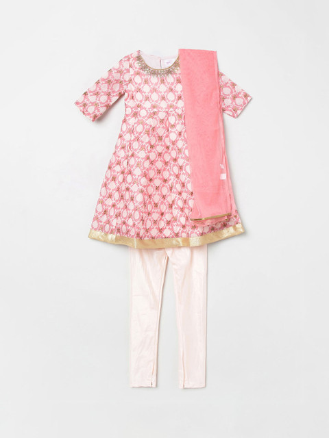 

max Girls Pink Floral Printed Regular Gotta Patti Kurta With Churidar & Dupatta Set