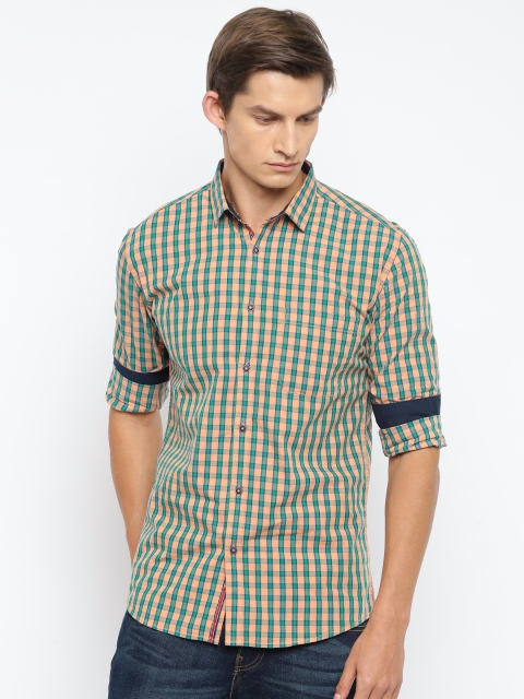 

British Club Men Orange & Green Regular Fit Checked Casual Shirt