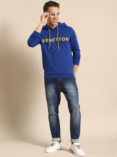 

United Colors of Benetton Men Blue Printed Hooded Sweatshirt
