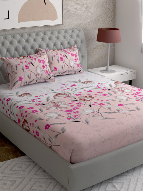 

EverHOME Pink & Grey Floral 210 TC Queen Bedsheet with 2 Pillow Covers