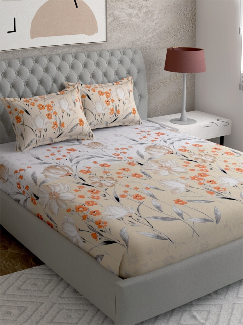 

EverHOME Beige & Orange Floral 210 TC Queen Bedsheet with 2 Pillow Covers
