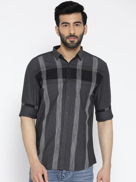 

British Club Men Grey Striped Casual Shirt