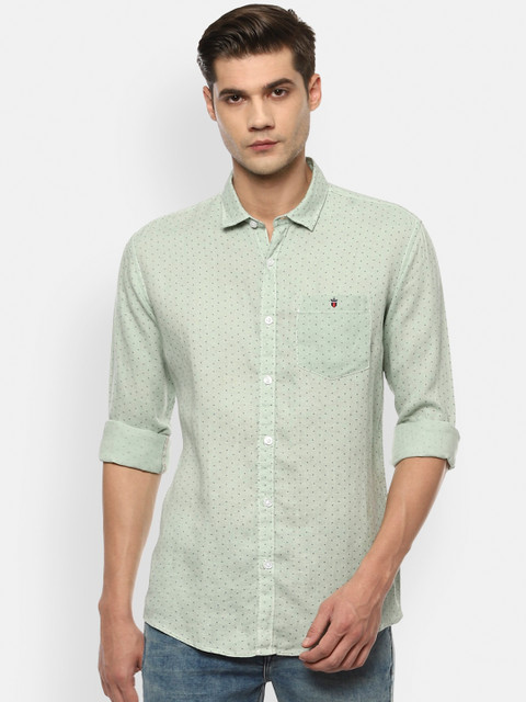 

Louis Philippe Jeans Men Green Slim Fit Opaque Micro Ditsy Printed Pure Linen Casual Shirt