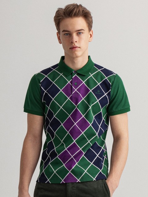 

GANT Men Green & Purple Checked Polo Collar Cotton T-shirt