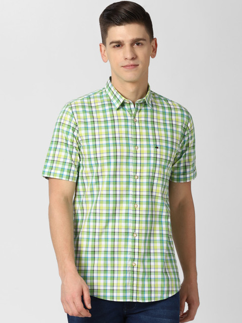 

Peter England Casuals Men Green & Blue Slim Fit Opaque Checked Pure Cotton Casual Shirt