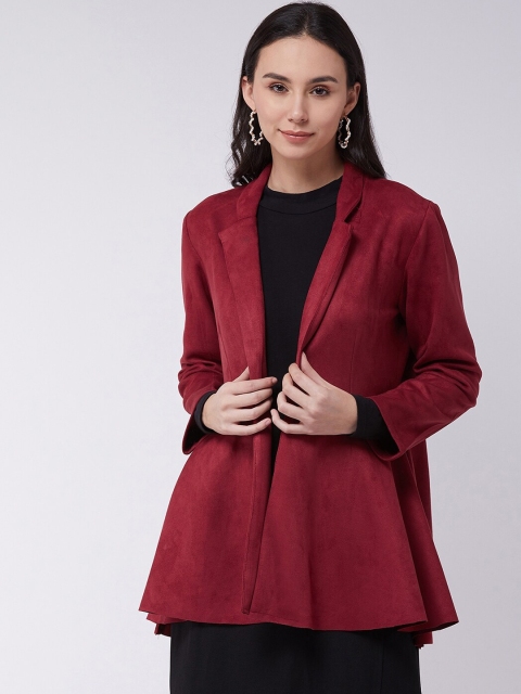 

Zima Leto Women Maroon Single-Breasted Regular-Fit Suede Front-Open Peplum Blazer