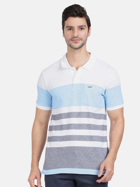 

Crocodile Men Blue & White Striped Polo Collar Pockets Cotton Slim Fit T-shirt