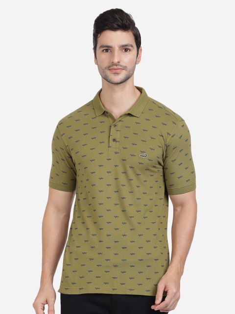 

Crocodile Men Olive Green Printed Polo Collar Slim Fit Cotton T-shirt
