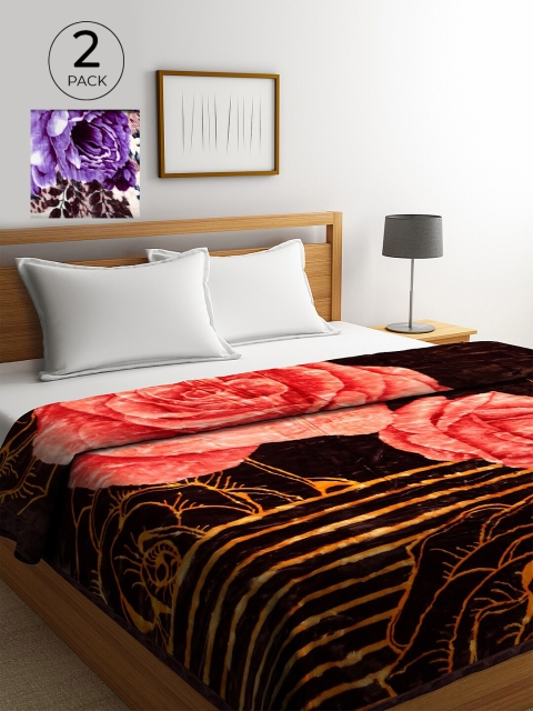 

KLOTTHE Brown & Purple Set of 2 Floral Heavy Winter Double Bed Blanket