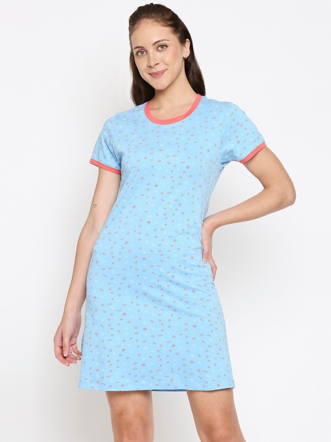 

XIN Women Cotton Blue Printed T-shirt Nightdress