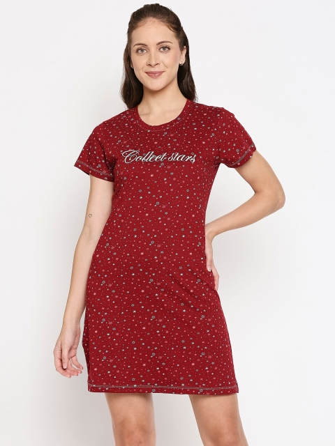 

XIN Maroon Star Printed Pure Cotton T-Shirt Nightdress