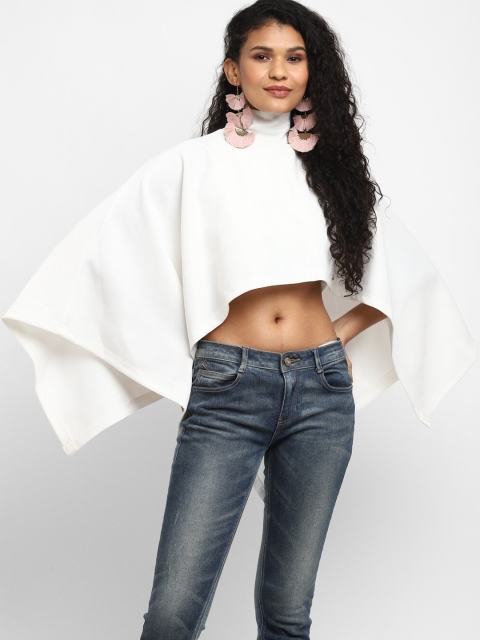 

Ira Soleil White Solid Scuba Cropped Poncho Cape Top