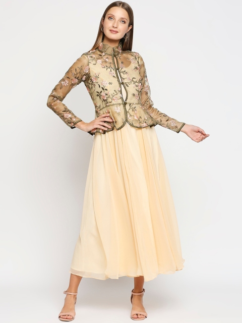 

Ira Soleil Cream-Coloured Solid Chiffon Maxi Dress With Floral Embroidered Jacket