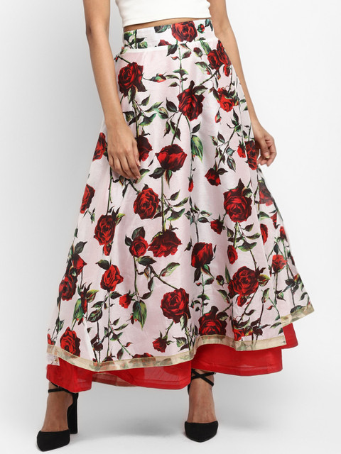 

Ira Soleil Women White & Red Floral Printed Reversible Flared Maxi Skirt