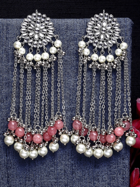 

KARATCART Silver-Toned & White Beads & Kundan Tasseled Drop Earrings