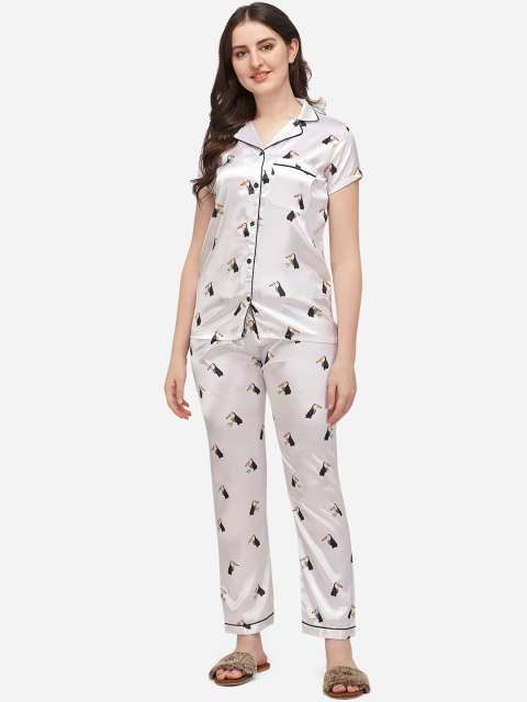 

House of JAMMIES Women White & Black Printed Satin Night Suit