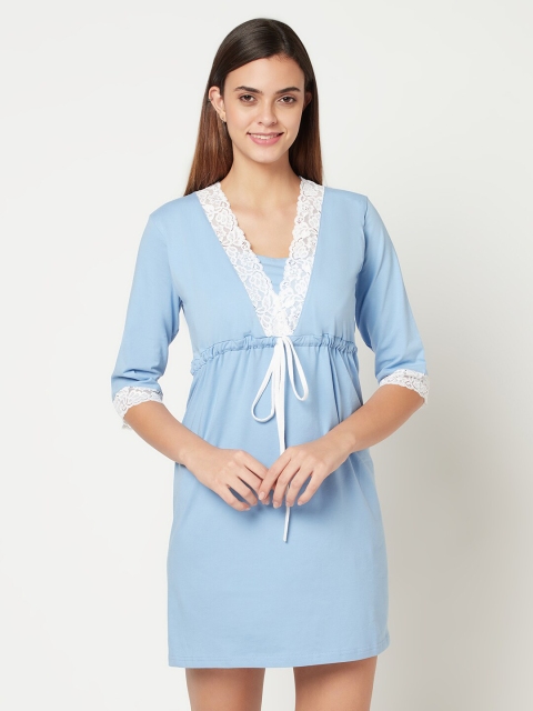 

Da Intimo Women Blue & White Solid Nightdress