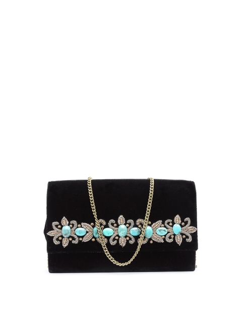 

PRACCESSORII Black & Silver-Toned Embroidered Foldover Clutch