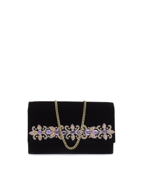 

PRACCESSORII Black & Gold-Toned Embroidered Foldover Clutch