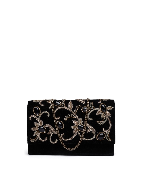 

PRACCESSORII Black & Gold-Toned Embroidered Foldover Clutch