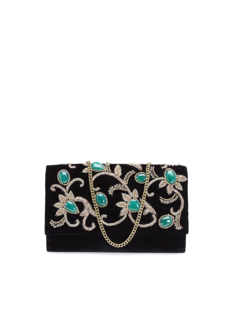 

PRACCESSORII Black & Gold-Toned Embroidered Foldover Clutch
