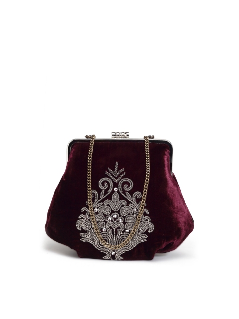 

PRACCESSORII Maroon & White Embellished Embroidered Purse Clutch