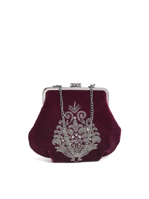 

PRACCESSORII Maroon & Silver-Toned Embellished Purse Clutch