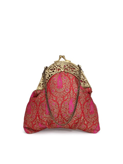 

PRACCESSORII Red & Gold-Toned Paisley Woven Silk Brocade Potli Clutch