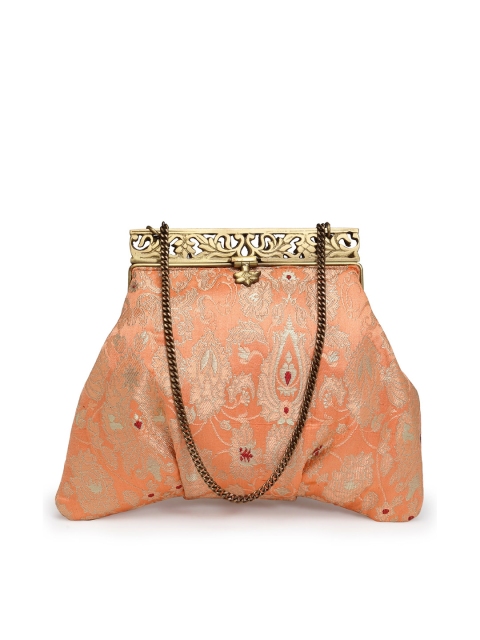 

PRACCESSORII Peach-Coloured & Gold-Toned Embellished Embroidered Purse Clutch