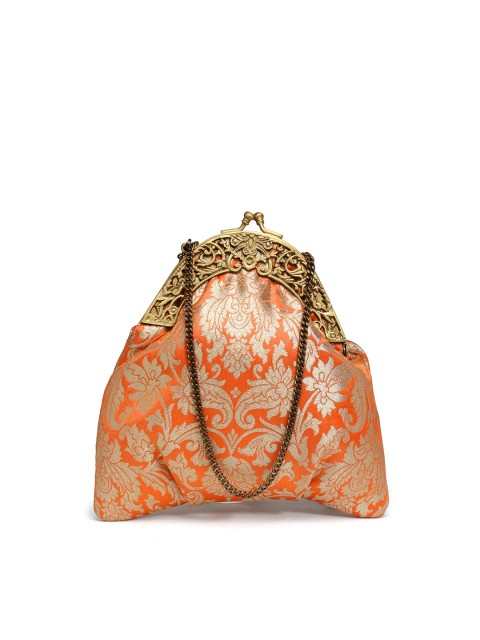 

PRACCESSORII Peach & Gold Printed Embroidered Purse Clutch