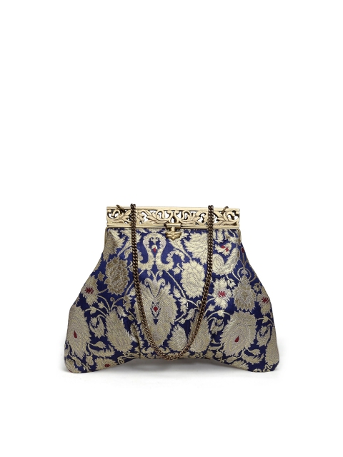 

PRACCESSORII Women Blue & Gold-Toned Woven Designed Clutch