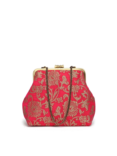 

PRACCESSORII Red & Gold-Toned Embellished Embroidered Purse Clutch