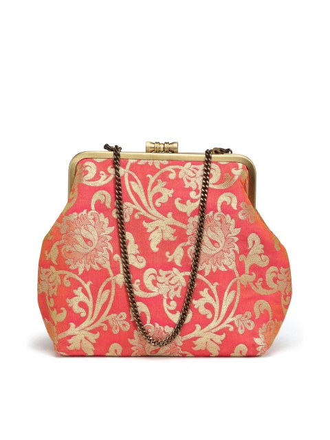

PRACCESSORII Peach-Coloured & Gold-Toned Embellished Purse Clutch With Chain Strap